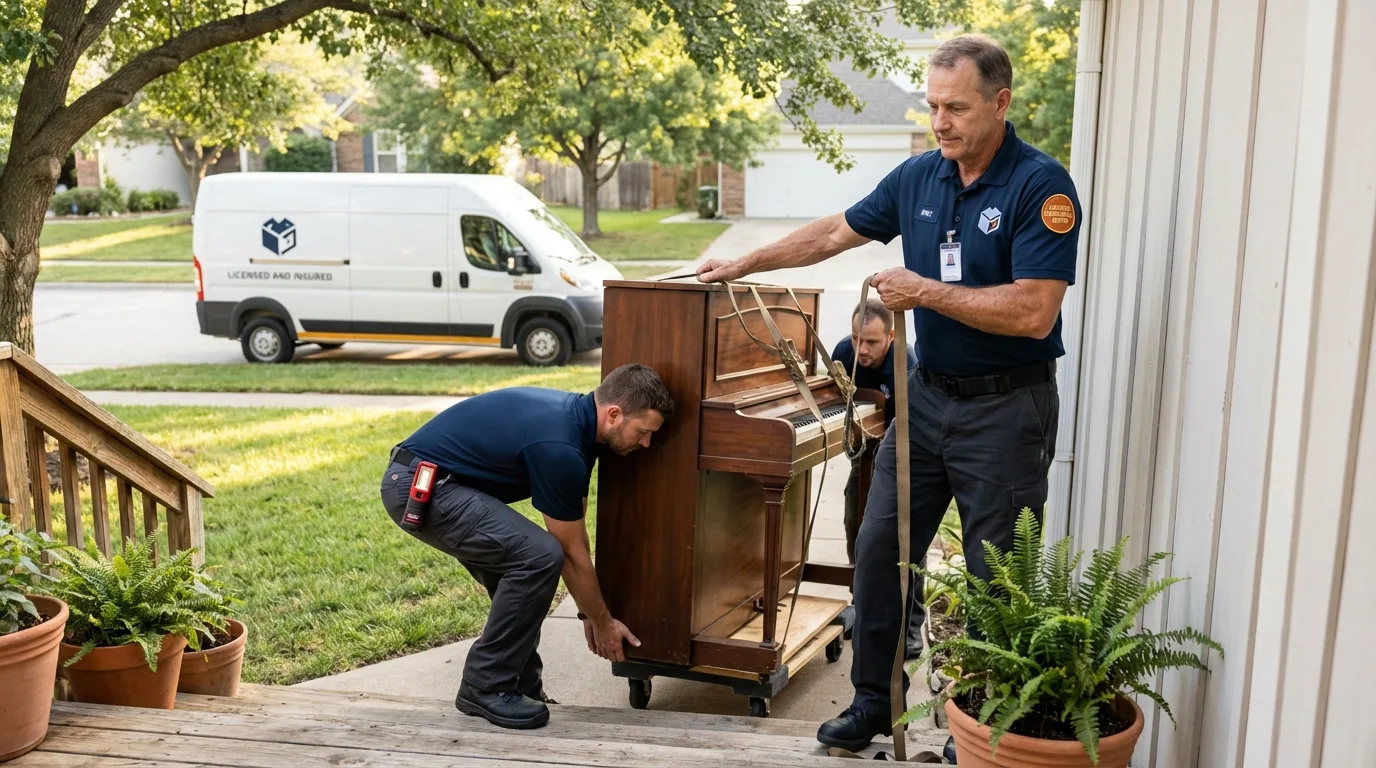 Licensed piano movers securing grand piano in Lisbon, ME