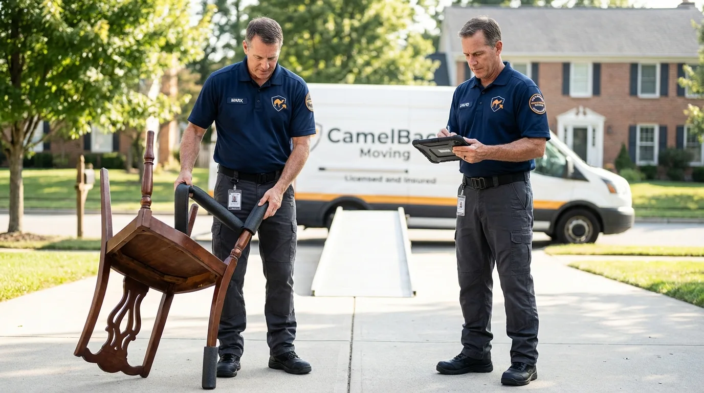 Movers inspecting furniture for damage prevention before loading in Lisbon, ME