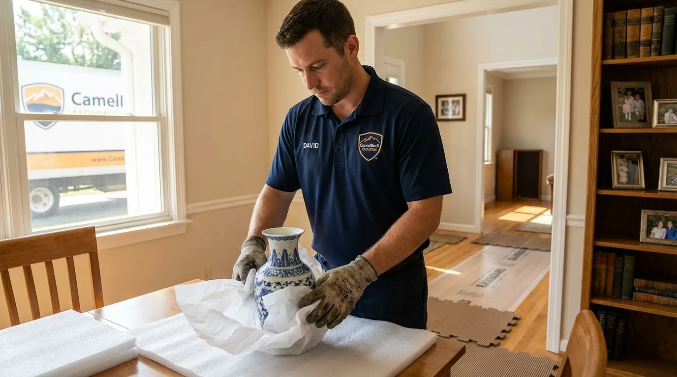 Professional crew carefully wrapping antique vase for senior downsizing move in Lisbon, ME